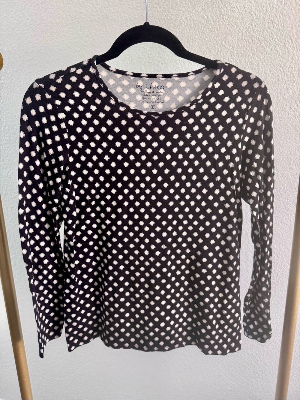 Chico's Black Top with White Diamond Dot Print - Long Sleeve